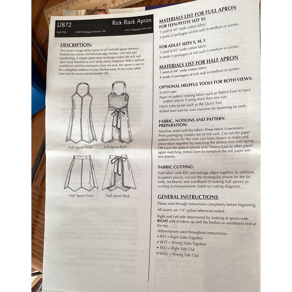 Indygo Junction Rick Rack Apron Pattern - New - Picture 4 of 4
